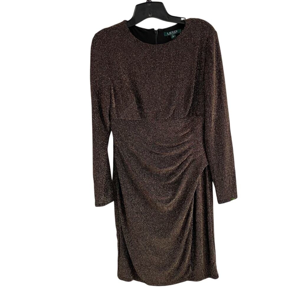 Lauren Ralph Lauren Metallic Gold Black Ruched Sheath Dress Size 10